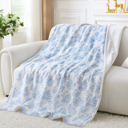 Viviland Fleece Throw Blanket Reversible Muslin Blankets, Soft Throw Blanket for Couch and Bed, Breathable Quilt Bedspread, Gauze Bedding for Adults, Large 50x70 inch, Blue Nerrah