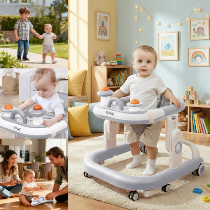 5-in-1 Baby Walker with Wheels Foldable Height-Adjustable Walker for Baby Boy 6-12 Months with Feeding Tray Multi-Functional Activity Center (Grey)