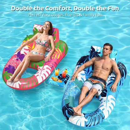 SEETOHOME 2 Pack Pool Floats Adult Heavy Duty, Inflatable Pool Lounger Float with Detachable Cup Holders & Backrest, Extra Large Pool Rafts Water Floaties for Adults Swimming Pools Beach Lake Party