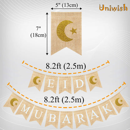 Uniwish Eid Mubarak Banner Burlap Eid Mubarak Decorations for Home Mantel Fireplace Decor Rustic Ramadan Moon Star Hanging Bunting