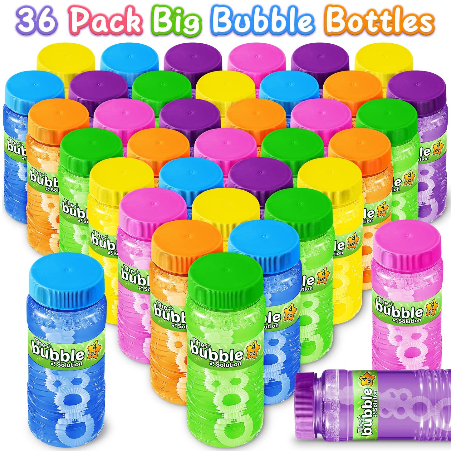 V-Opitos 36 Pack Bubble Bottles with Wands in 6 Colors, 4oz Bubbles Solution, Bubble Party Favors for Kids, Birthday, School Classroom Prizes for Boys & Girls, Ideal Goodies Bag Stuffers