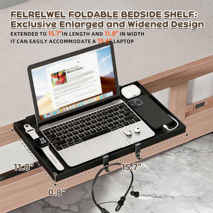 FelRelWel Foldable Bedside Shelf, Extra Large Floating Tray Table for Dorm Room & Bunk Bed, Side Table with 3 Cord Holes,College Dorm Room Essentials for Max 15.6" Laptops (15.7" x 11.8", Black)