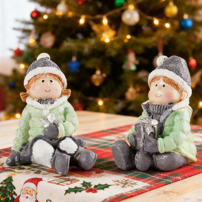 Brizoria Christmas Mini People Figurines Set of 2 Boy and Girl Winter Decorations Indoor Resin Little People Figures Miniature Figurines for Holiday Tabletop Diorama Crafts