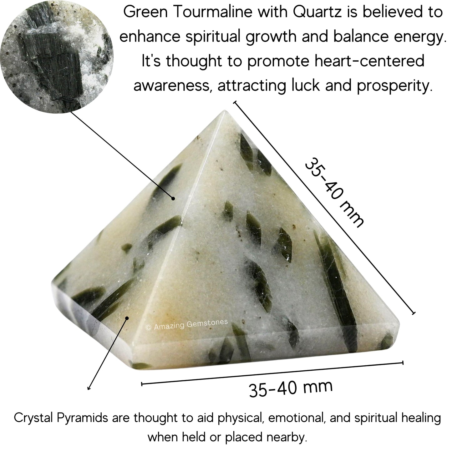 Amazing Gemstone Green Tourmaline in Quartz Pyramid Crystal Healing Stones - 1.5" Great Pyramid Figurine of Natural Stone Pyramid for Meditation, Reiki, Chakra Balancing and Crystal Pyramids Grid