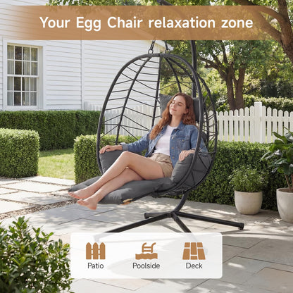 Wicker Egg Chair Outdoor, Hammock Chair with Footrest & Stand, Patio Swing with Cushion & Double Chains, Hanging Aluminum Alloy Steel Frame, 350LBS Capacity for Deck, Balcony, Grey
