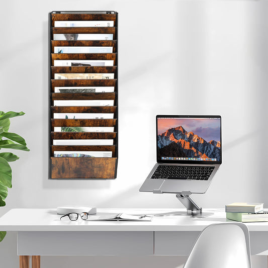 TQVAI 12-Pocket Hanging Wall File Organizer - Metal Folding Wall Mounted Mail Document Holder, Multi-Purpose Clipboard Storage Rack for Office, Homeschool, Classroom Organization, Black/Vintage
