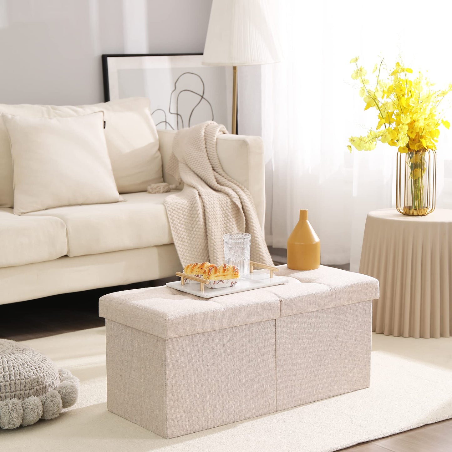 CUYOCA Storage Ottoman Bench Foldable Seat Footrest End of Bed Ottoman with Flipping Lid for Living Room, 75L, 30 inches Linen Fabric Beige