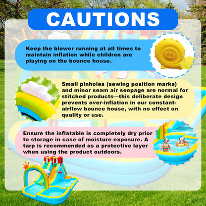 WELLFUNTIME Inflatable Water Double Slides Park with Blower, Bouncy Castle with Rainbow Water Curtain, with Shooting and Rock Climbing