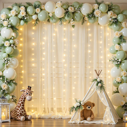 10x10ft Cream White Tulle Backdrop Curtains with Lights String for Parties,Wrinkle Free Sheer Curtain Wedding Photo Backdop Drapes for Baby Shower Birthday Party Photography Home Decorations