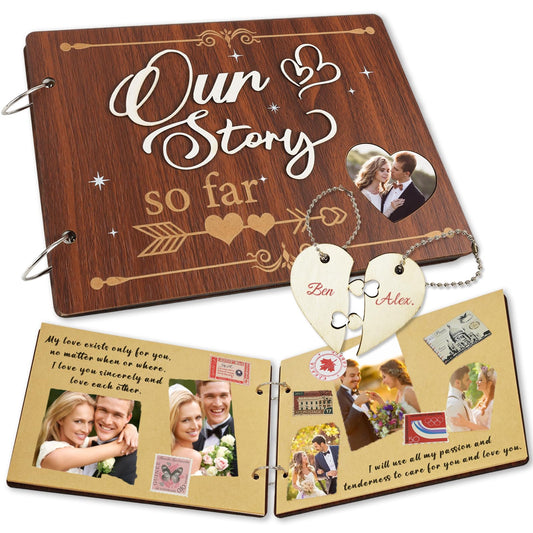 1 Year Our Story So Far Anniversary Scrapbook, Anniversary Wooden Couples Photo Album,Wooden Scrapbook Craft Kit,Memory Picture Journal with Vintage Stickers for DIY Wedding Valentine's Day Gifts