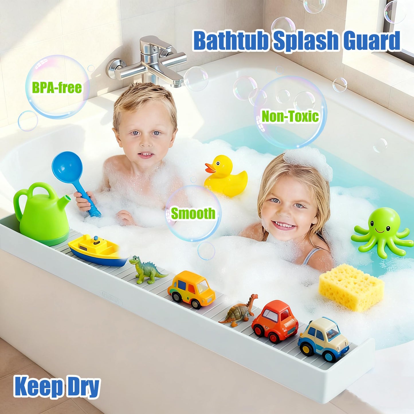 2Pack Bathtub Splash Guard for Kids Adult - 31IN Silicone Bath Tray Shelf for Tub with 11 Suction Cups, Bath Tub Play Shelf for Kids & Toy Holder, Bathtub Accessories Prevent Water Spill in Bathroom