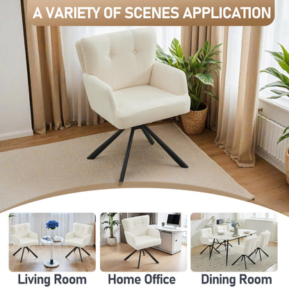 WUTUTUEE Fabric Dining Chair Modern Upholstered Swivel Dining Room Chairs Comfy Accent Armchair with Mid Back, Desk Arm Chair No Wheels for Kitchen/Living Room/Home Office, White