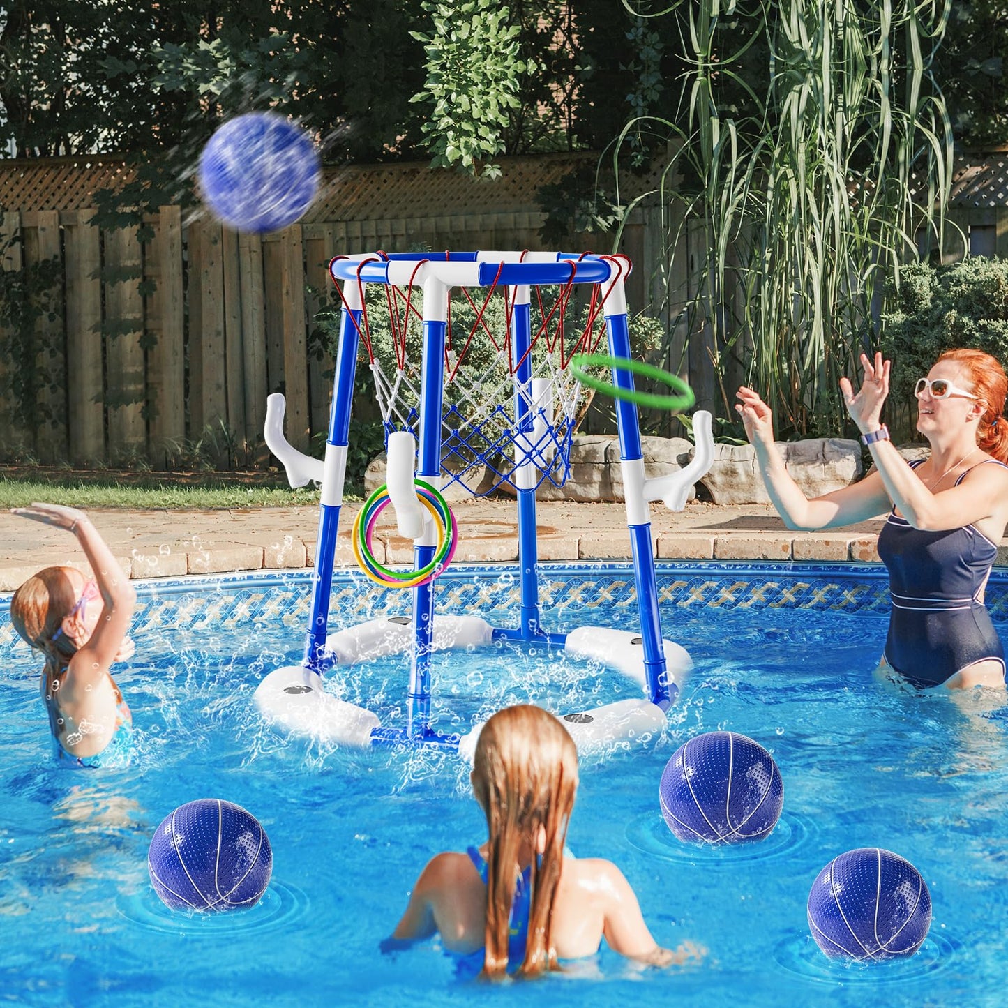 2-in-1 Pool Basketball Hoop & Ring Games with 4 Balls 12 Rings and Pump, Summer Water Outdoor Party Swimming Pool Toys Games for Kids Ages 4-8 8-12 Adult, Family Party Easter Birthday Games Toys
