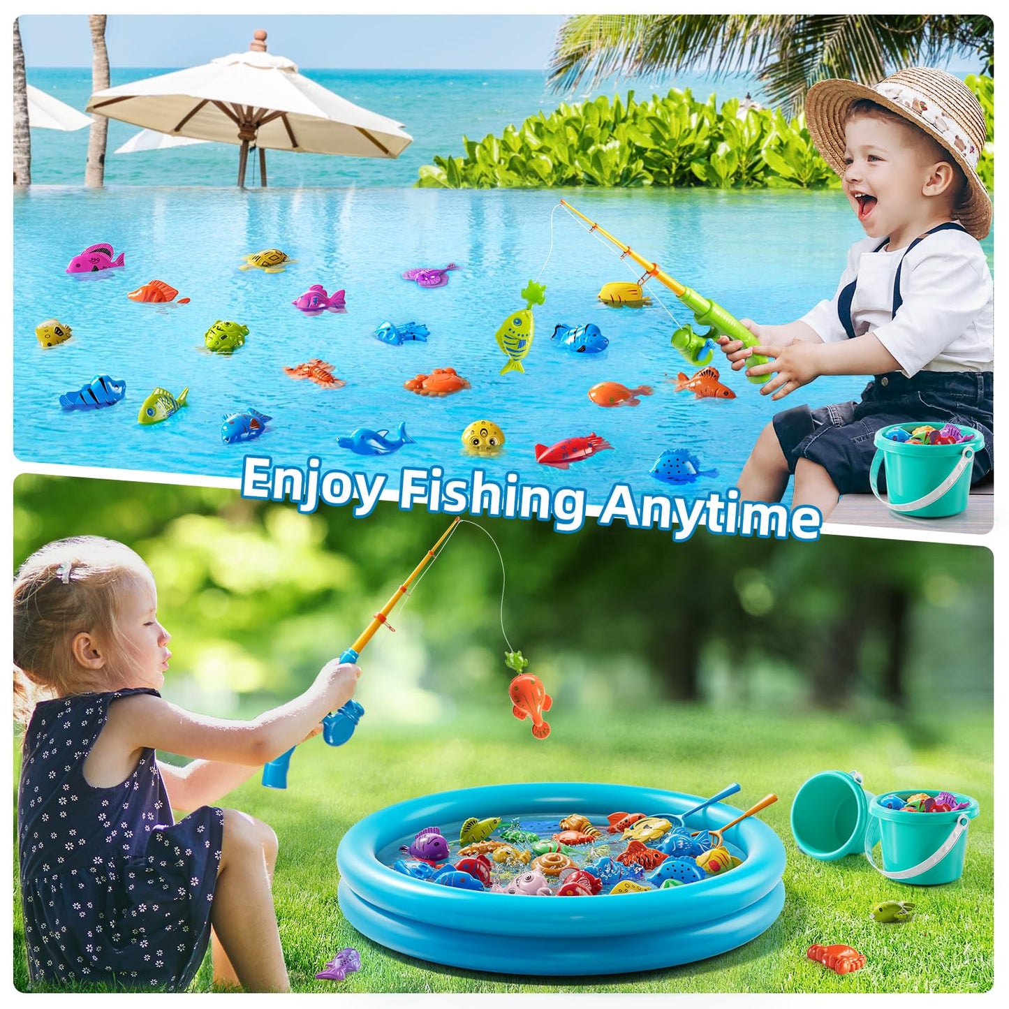 JUKUDAHU Magnet Fishing Toys Game for Kids 3-5 - Floating Fish Toys with Inflatable Kiddie Pool, Bath for Toddlers, Pole Rod Net, Outdoor Party for Boys Girls Kids Age 3 4 5 6 7 8 Year Old