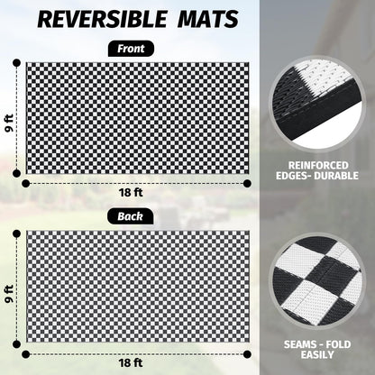 GOTGELIF Black and White Classic Checkerboard Outdoor Area Rug 9x18FT, Reversible & Water-Resistance & Portable Plastic Straw Rug for RV Trips, Picnic, Camping, Outdoor, Garden, Patio
