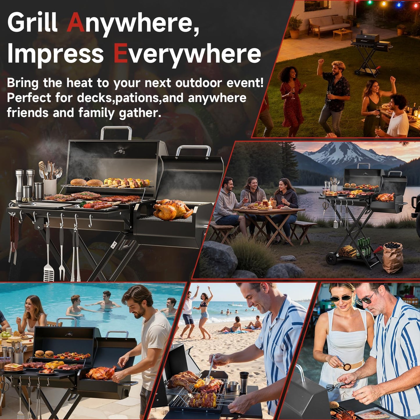 kscocinaBBQ Portable Charcoal Grill with Smoking Function, Foldable Suitcase Design with Wheels, Multi-Tier Storage Rack & Waterproof Cover for Outdoor BBQ Parties (Black)