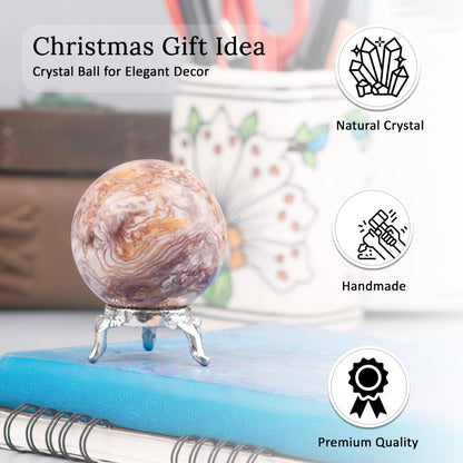 Crocon 45mm Rosetta Jasper Stone Sphere Ball with Metal Stand 1400+ Carats Gemstone Ball Healing Sphere Sculpture Figurine for Fengshui Divination Home Decoration Photography Crystal Sphere