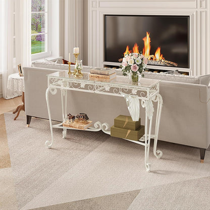 HavenlyYouth Console Table 47.2", Tempered Glass Sofa Table with Metal Frame, Console Tables for Living Room, Entryway, Hallway, Foyer, Adjustable Feet (White)