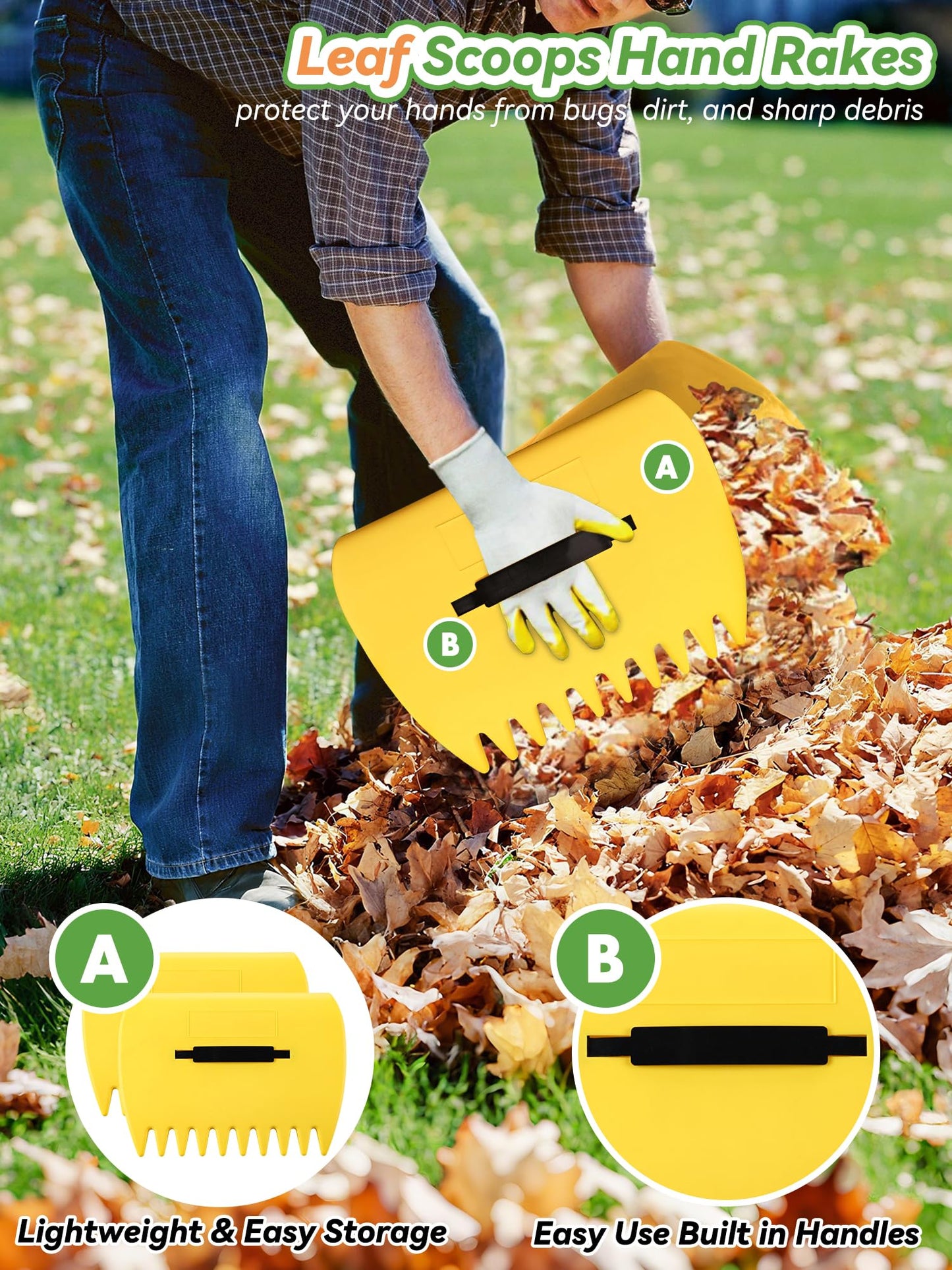 Garden Rake for Leaves Lawns, 3-in-1 Gardening Tools Set with 5 ft Metal Rake, Leaf Scoops Hand Claws, 32 Gallon Reusable Yard Waste Bag, Heavy Duty 25-Tine Rakes for Quick Pick Up, Clear n Collect