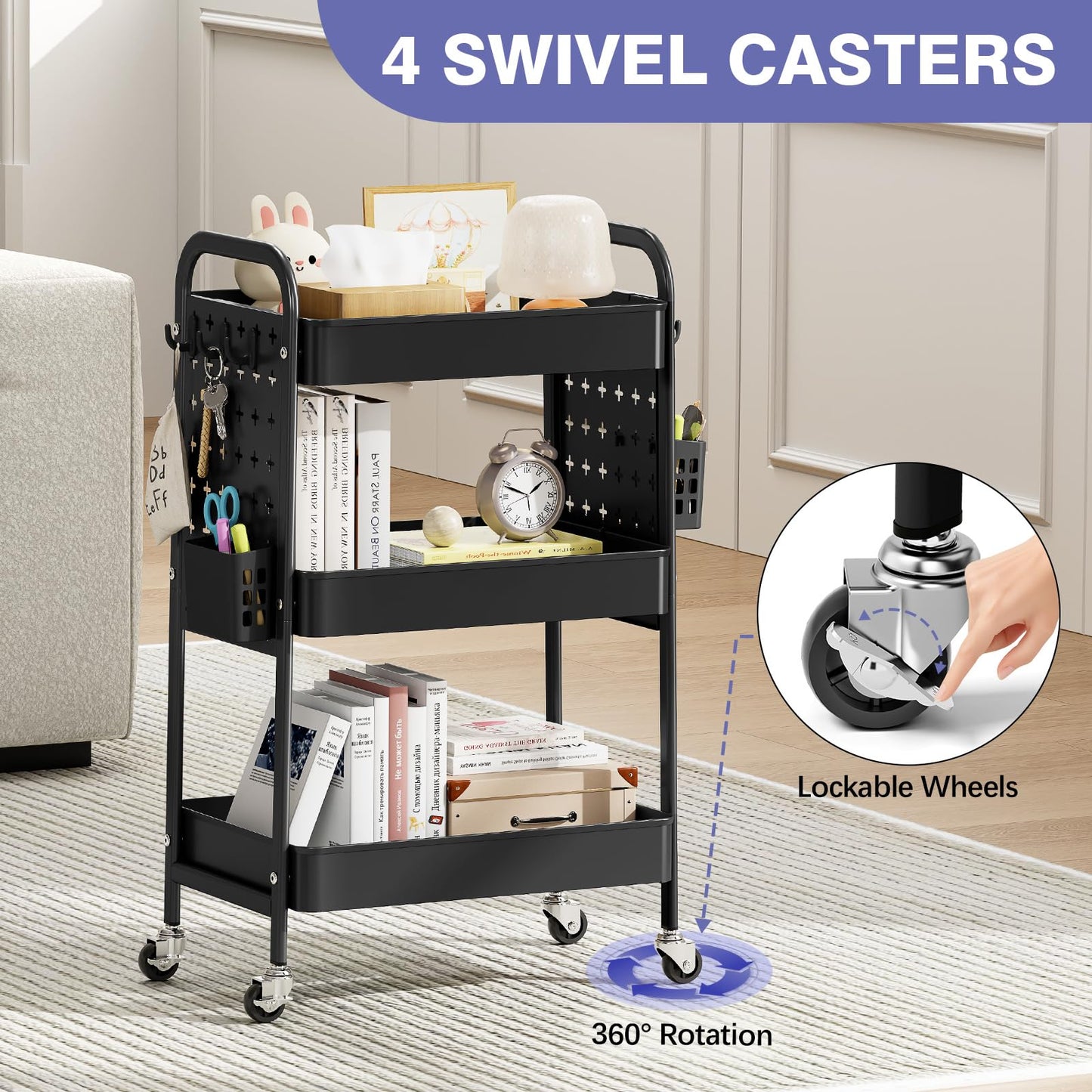 KINGRACK 3 Tier Rolling Cart with DIY Pegboard, Metal Utility Cart with Wheels, Hooks & Baskets, Sturdy Storage Organizer for Craft, Bathroom, Kitchen, Office, Nursery, Classroom