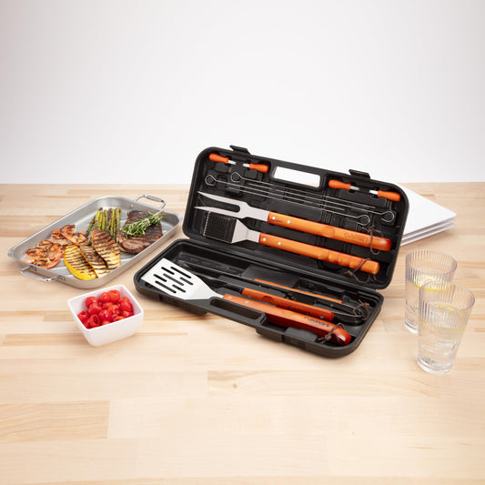 Cuisinart 13-Piece Wooden Handle Grill Tools Set, Grill Utensils Set BBQ Accessories, Durable Stainless Steel Spatula, Tongs, Cleaning Brush & More, Compact Case, Grilling Gifts for Men, CGS-W13