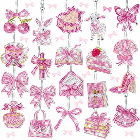 Aurelema 20 Pieces Pink Bow Diamond Painting Keychains Coquette Party Diamond Art Keychain 5d DIY Painting Art Kits for Women Crafts Party Decor