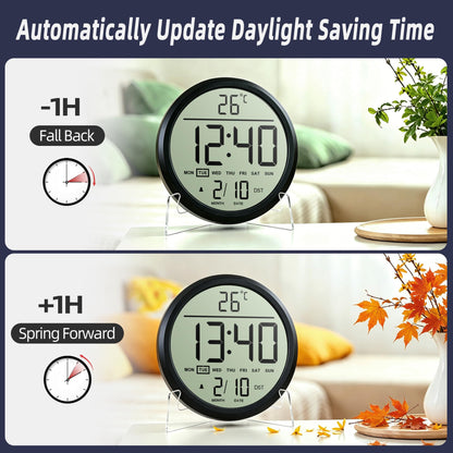 Maxstar Digital Wall Clock Battery Operated, 8 Inch Digital Clock with Date and Temperature, 12/24H, Seconds, Alarm, DST, Desktop/Wall Mounted for Home, Office, Bedroom(Black)