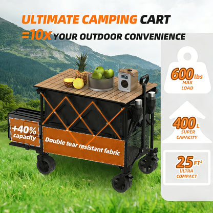 Double Decker Wagon with Table, 600lb 400L 54'' Extra Long Heavy Duty Wagons Carts Foldable with Tailgate, Utility Folding Cart Big All-Terrain Wheels with Brakes for Camping, Fishing, Beach, Outdoor