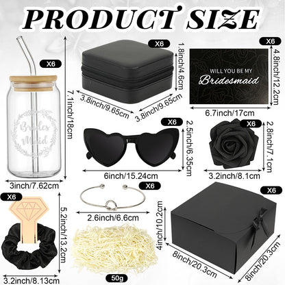 HOMENERGY Bridesmaid Proposal Gifts Set 6 - "Will You Be My Bridesmaid Kit with Elegant Box Jewelry Box Glass Cup Invited Cards Knotted Bracelets Sunglasses Scrunchies Raffia Grass (Black, 54 Pcs