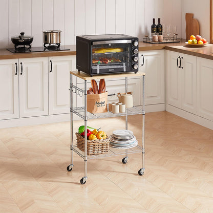 BolDuck 450Lbs Capacity Microwave Cart with Wheels, 3 Tier Rolling Cart with Adjustable Shelves, Multifunctional Metal Utility Storage Kitchen Carts on Wheels, 23.6" L*15.7" W*37" H, Wood+Chrome