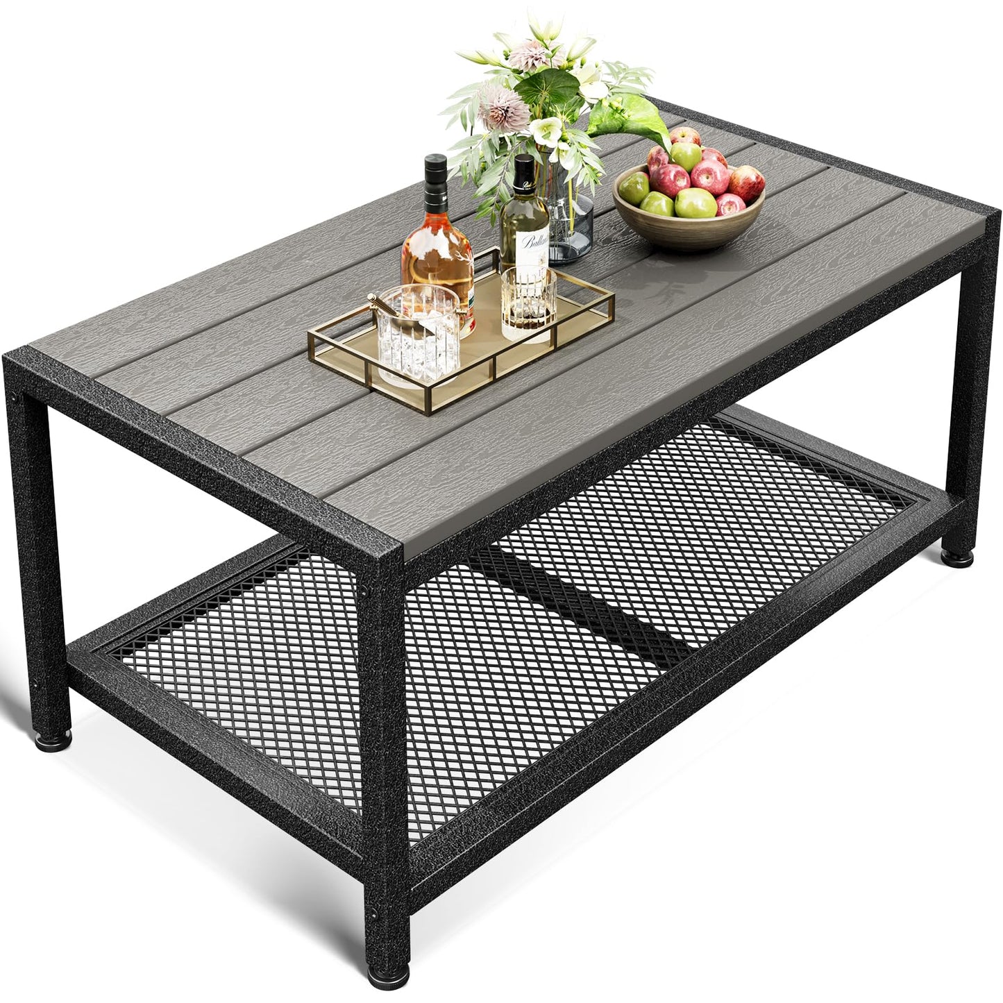 ODK Outdoor Coffee Table with Double-Layer Storage, Rectangle Weather-Resistant Patio Coffee Table for Garden, Balcony, Hot Tub, Poolside, Heavy-Duty Metal Frame, Grey