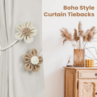 KLOGTSIND Flower Curtain Tiebacks, 2 Pack Boho Curtain Ties Elegant DIY Curtain Holdbacks, Decorative Window Drape Twist Tie Backs for Bedroom Decor, Nursery Decor, Farmhouse Decor