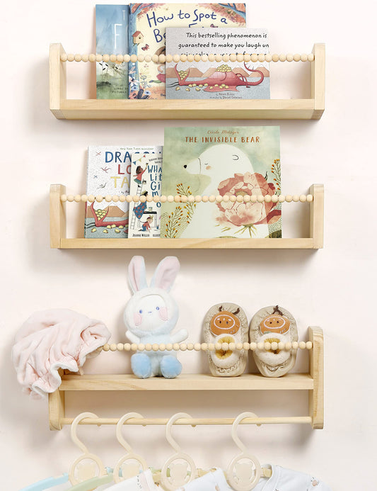Maxpeuvon Nursery Floating Shelves for Wall, Set of 3 Book Shelves Natural Wood Wall Mounted Organizer with Towel Bar Hanging Bookshelves Nursery Decor for Kids Room, Bedroom and Kitchen