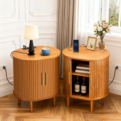 DHH Mid Century Modern Nightstand with Charging Station, Fluted Accent Side Table with Sliding Door & Adjustable Shelf, End Table for Small Space, Living Room, Bedroom,Sofa Couch(1, Yellow)