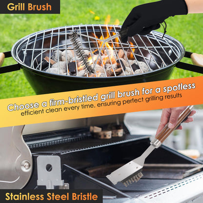 Yoehka BBQ Grilling Accessories Set, 34Pcs Heavy Duty Grill Tools for Outdoor Camping, Grilling Gifts for Men Dad, Stainless Steel Barbecue Utensils Kit with Mats and Glove in Carrying Bag, Brown