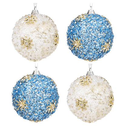 Set of 4 White & Blue Christmas Tree Ornaments, 3.15" Glitter Crushed-Ice Ball Ornaments with Gold Sunburst Accents, Handcrafted Shatterproof Hanging Decorations for Xmas Tree & Holiday Home Decor