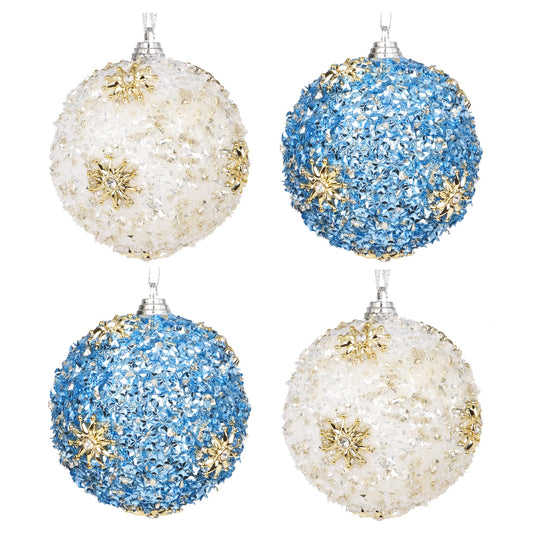 Set of 4 White & Blue Christmas Tree Ornaments, 3.15" Glitter Crushed-Ice Ball Ornaments with Gold Sunburst Accents, Handcrafted Shatterproof Hanging Decorations for Xmas Tree & Holiday Home Decor