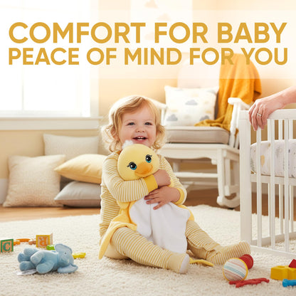 Love By Emi 4 in 1 Baby Lullaby Sleep Soother Toy - Stuffed Animal Sound Machine & Pacifier Holder | Heartbeat White Noise & Music | Plush Yellow Duck Lovey Sleep Aid Security Blanket (0-3 Years)