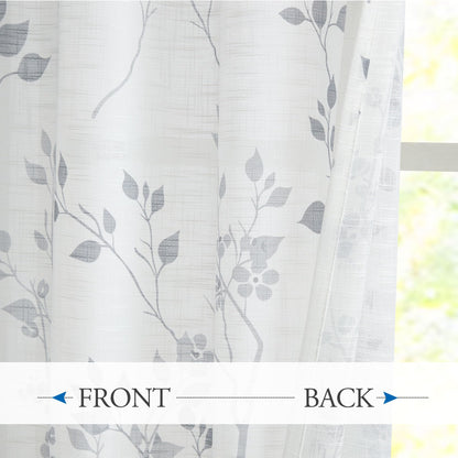 Beauoop Floral Linen Semi Sheer Curtains 84 Inches Long 2 Panels for Living Room Bedroom Grey Farmhouse Flower Patterned Light Filtering Textured Grommet Top Window Treatments Drapes, 50x84 2 Set