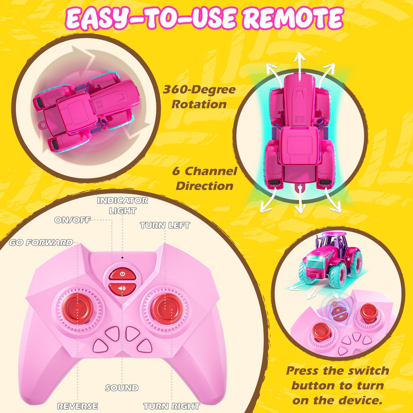 Funwee RC Tractor Toy Set with Light & Sound, Kids Farm Car Animal Trailer Wheels Remote Truck, Outdoor Vehicle Toys for 3-7+ Years Old Toddler Boy and Girl Gift(Rose red)
