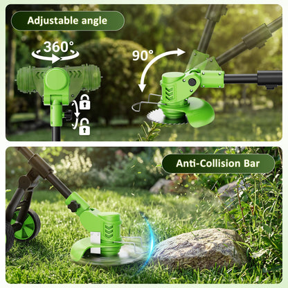 4-in-1 Cordless Weed Wacker with Wheels, 4000mAh Battery Powered Stringless Weed Eater, Brushless Grass Trimmer with 2 Batteries, 3 Blade, Adjustable Head, Lightweight Lawn Edger Brush Cutter
