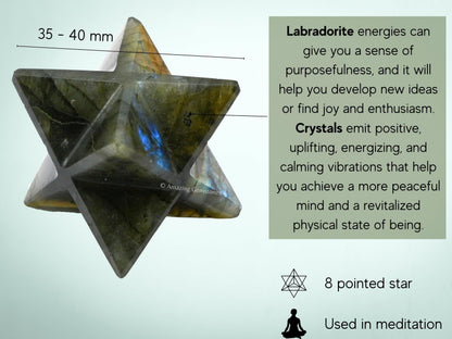 Amazing Gemstone Labradorite Merkaba Crystal - 1.5 Inches Metaphysical Merkaba Star for Meditation - Energetic Tetrahedron Crystal and Healing Stones for Spiritual Growth and Healing (35-40mm)