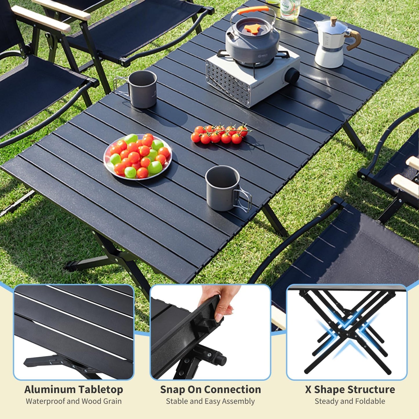 4Ft Aluminum Folding Camping Table, Portable Picnic Table, Outdoor Lightweight Collapsible Camp Table, Roll-up Camping Table for Beach,Party, Patio, BBQ, Travel, Backyard (Black Upgraded Version)