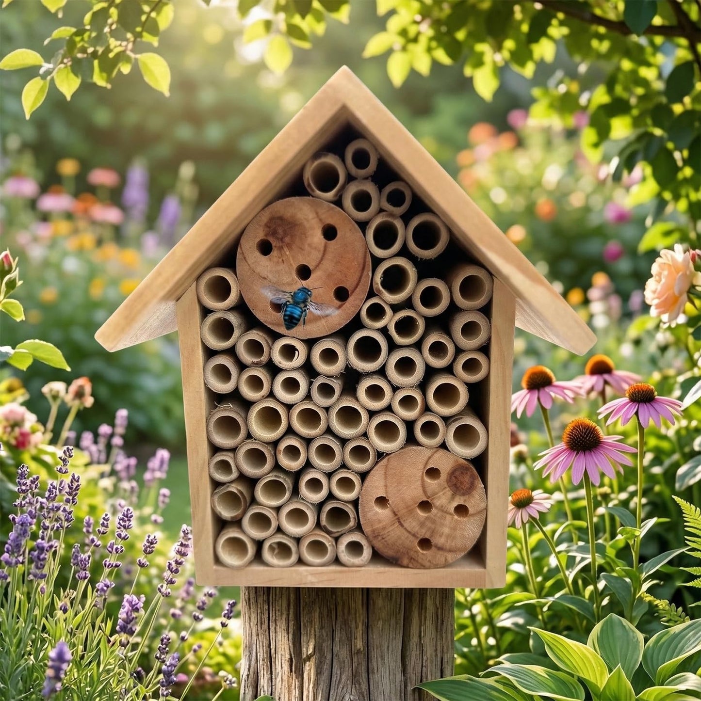 EGREE Mason Bee Houses Outdoor Wooden Bee Hotel for Garden and Yard Hand-Made Bamboo Bee Hive for Bees Butterflies and Ladybugs, Medium Size 8"x7.5"x5", Natural Finish