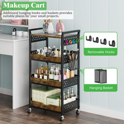 MJIMKE 4-Tier Utility Rolling Cart with Wheels - Kitchen Organizations and Storage Metal Cart, Detachable Fruits Coffee Snacks Art Craft Storage Cart for Bathroom, Pantry & Laundry, Black