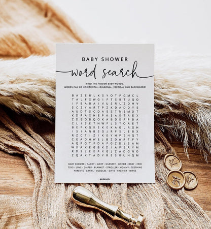GardenCity 50 Baby Shower Word Search Game Cards, Fun Baby Shower Games for Boy or Girl, Gender Neutral - Minimalist