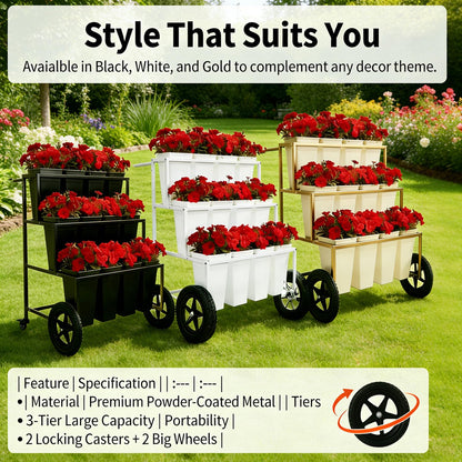 VITNSVILE Mobile Metal Flower Plant Stand, 360° Rolling Flower Display Stand for Indoor Outdoor, Space Saving Flower Bar Stand for Patio, Garden Event White, Black, Gold (White L33.4*W31.4*H*40.5in)