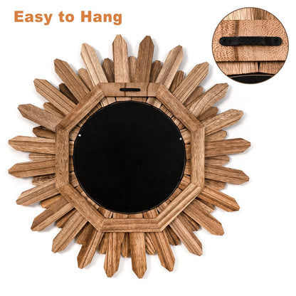 Emfogo Wall Mirror 21 inch Rustic Wood Sunburst Boho Mirror Wall Decor Home Decor for Bedroom Living Room Entryway Farmhouse (Carbonized Black)