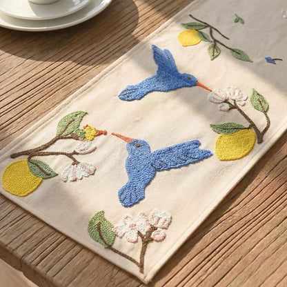 Artoid Mode Beige Soft Chain Embroidery Flower Bird Lemon Spring Table Runner, Seasonal Summer Kitchen Dining Table Decoration for Home Party Decor 13x72 Inch
