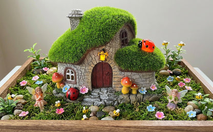Solar Fairy Garden House Accessories, Outdoor Garden Statues with Ladybug Lights & Mushroom Gardening Gifts for Women, House Sculpture Figurine Outside Garden Decorations for Yard Patio Lawn Decor